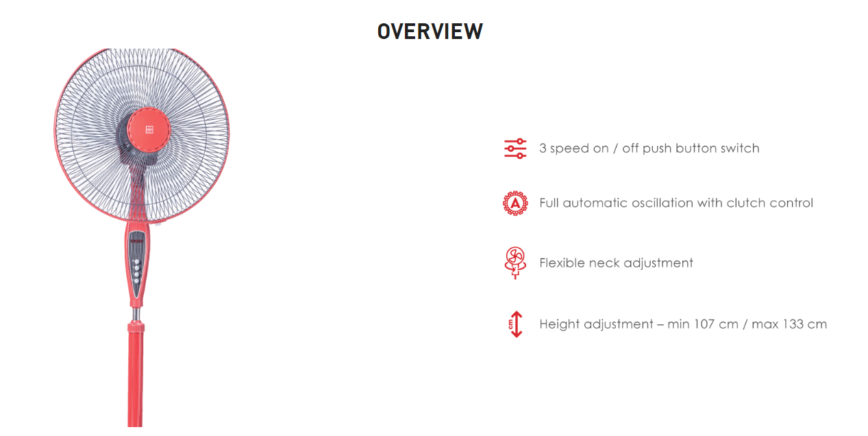 KDK Stand Fan KX405 16" (Deep Red/Metal Grey) (1 Year Warranty)