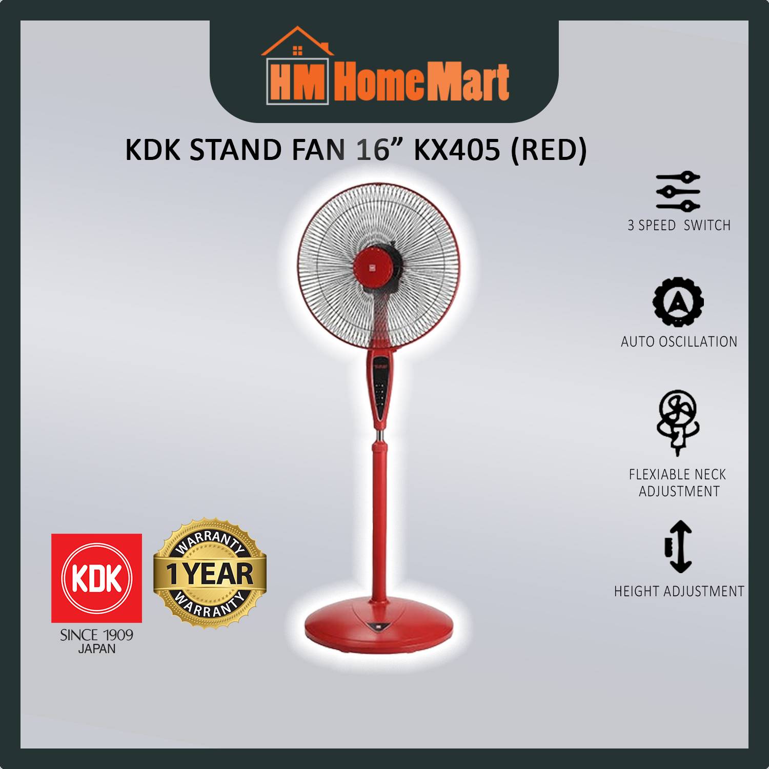 KDK Stand Fan KX405 16" (Deep Red/Metal Grey) (1 Year Warranty)
