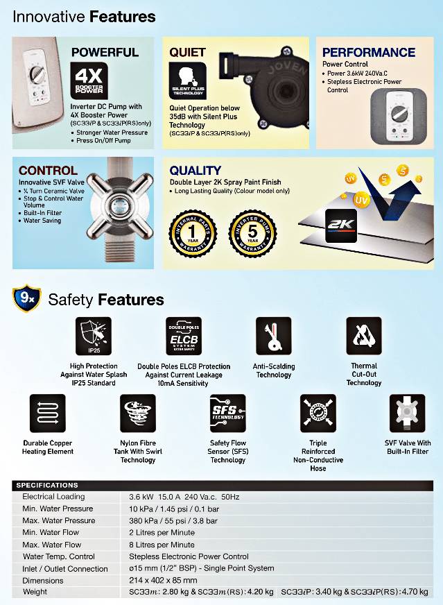 JOVEN Instant Water Heater SC33P/SC33IP RS (White/Dark Grey/Dark Silver) (5  Years Warranty)
