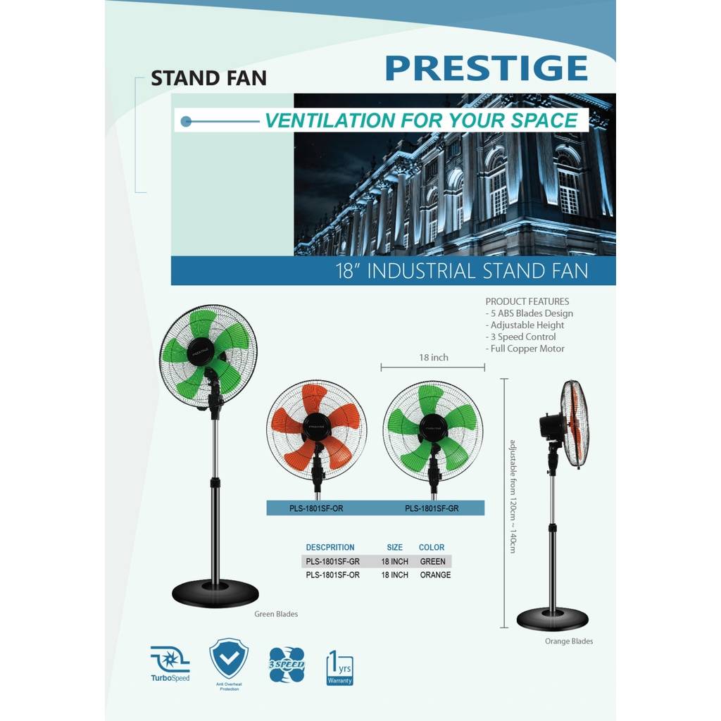 PRESTIGE 18" Stand Fan (Green Blades) (SIRIM) (1 Year Warranty)
