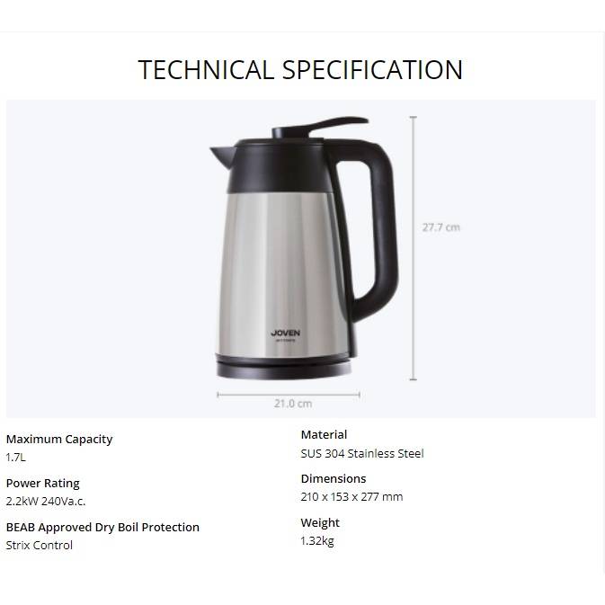 JOVEN Cordless Thermo Electric Kettle JK1704TS (1 Year Warranty)