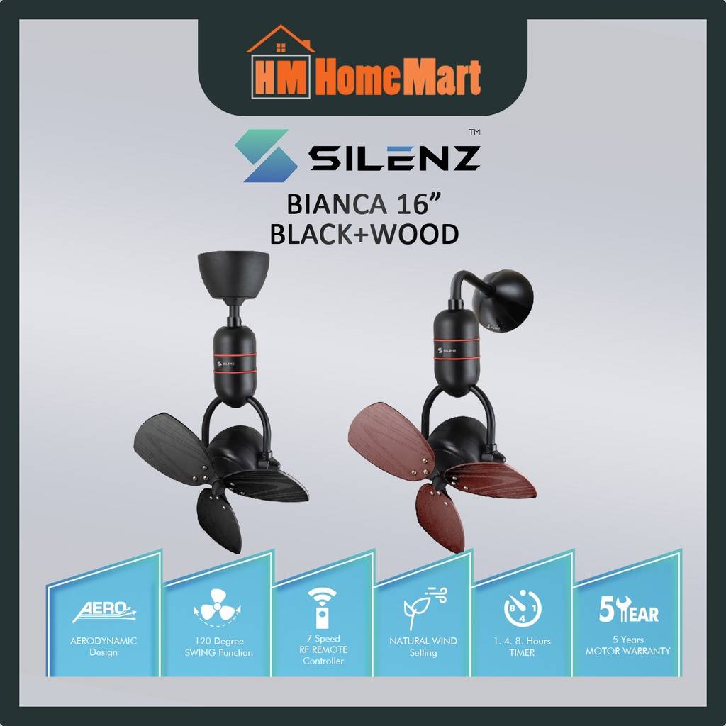 SILENZ BIANCA 16" DC Motor Remote Corner Wall Fan (Wood Black) (5 Years