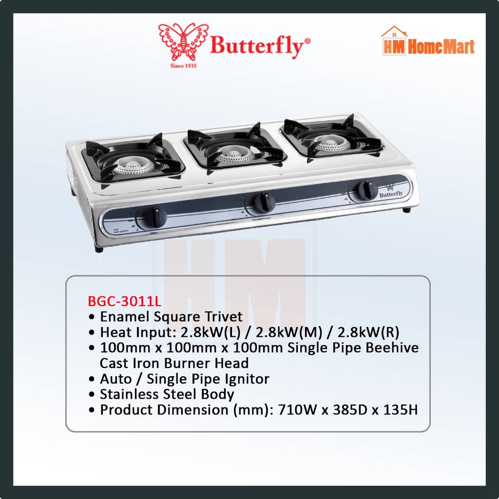 BUTTERFLY BGC3011L Stainless Steel Triple Gas Stove (1 Year Warranty)