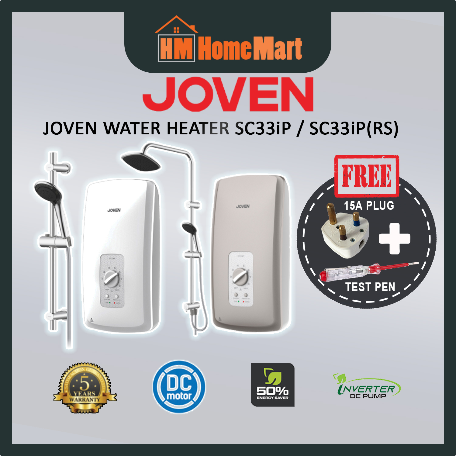JOVEN Instant Water Heater SC33P/SC33IP RS (White/Dark Grey/Dark Silver) (5  Years Warranty)