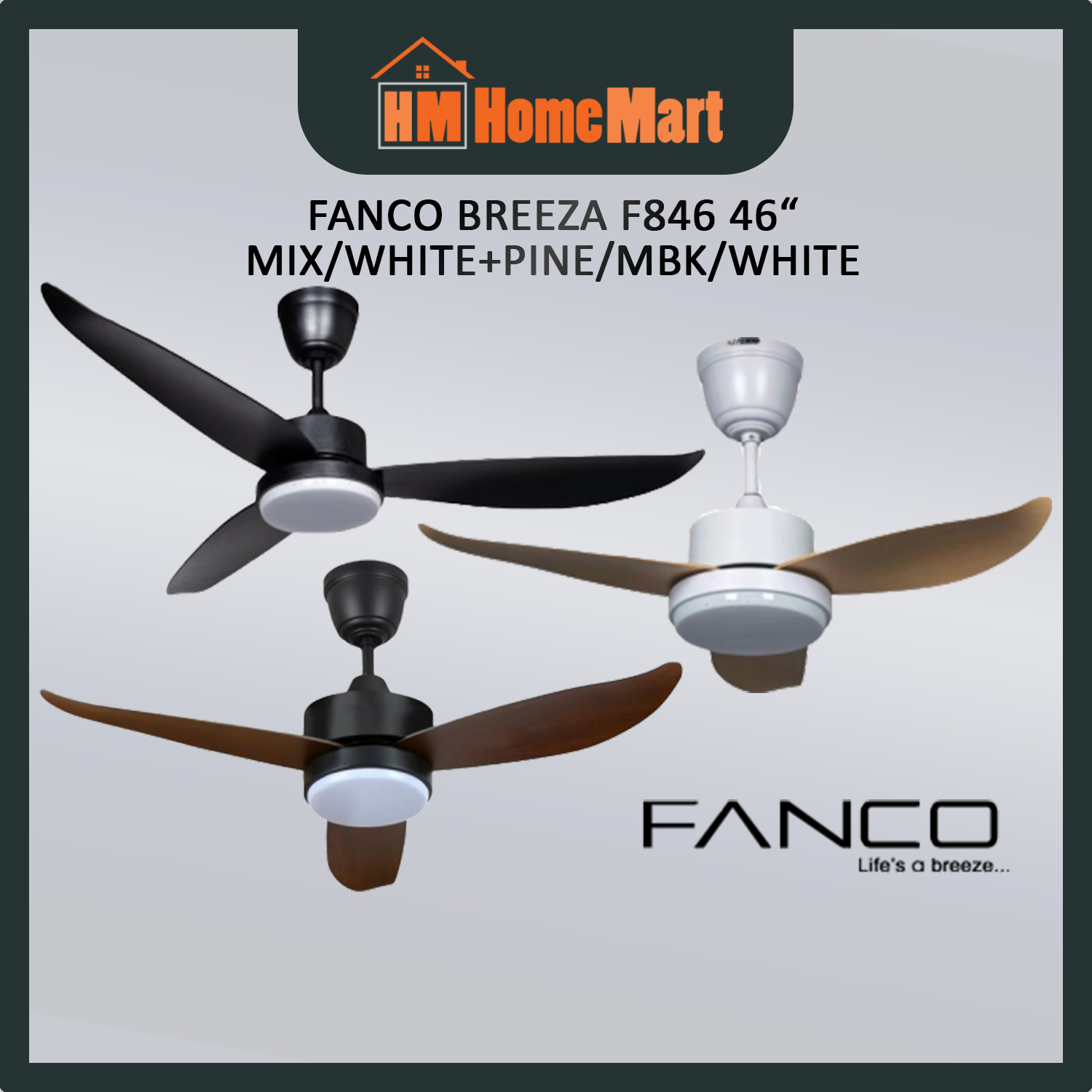 FANCO BREEZA 46" DC Motor Remote LED Ceiling Fan (Mbk/White Pine/Mix